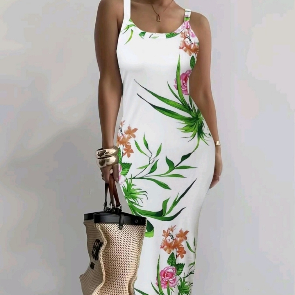 Sleeveless White Floral Maxi Dress
